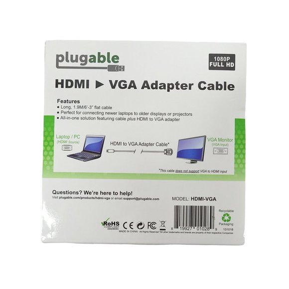 Plugable HDMI - VGA 6 Foot Adapter Cable 1080p Full HD display Model HDMI-VGA - Picture 2 of 10